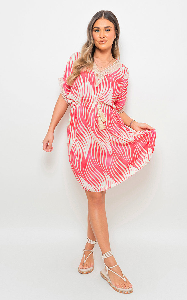 Belted Lace Panel Printed Mini Dress-9