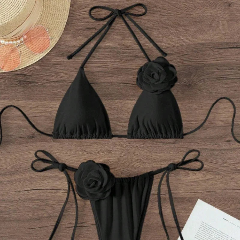 Sexy 3D Flowers Halter Strappy Bikini Women Swimwear Female Swimsuit Two-Pieces Bikini Set Bather Bathing Suit Swim