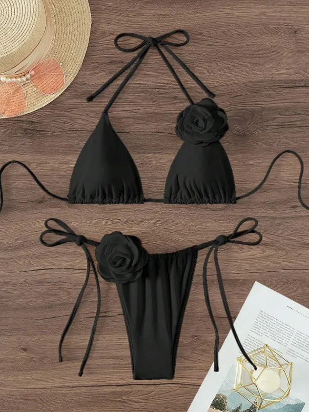Sexy 3D Flowers Halter Strappy Bikini Women Swimwear Female Swimsuit Two-Pieces Bikini Set Bather Bathing Suit Swim