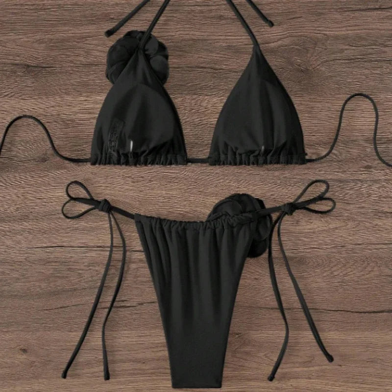 Sexy 3D Flowers Halter Strappy Bikini Women Swimwear Female Swimsuit Two-Pieces Bikini Set Bather Bathing Suit Swim