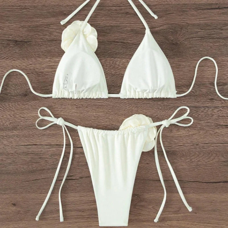 Sexy 3D Flowers Halter Strappy Bikini Women Swimwear Female Swimsuit Two-Pieces Bikini Set Bather Bathing Suit Swim