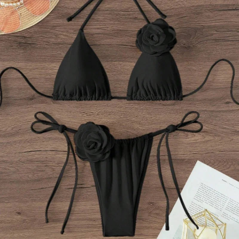 Sexy 3D Flowers Halter Strappy Bikini Women Swimwear Female Swimsuit Two-Pieces Bikini Set Bather Bathing Suit Swim