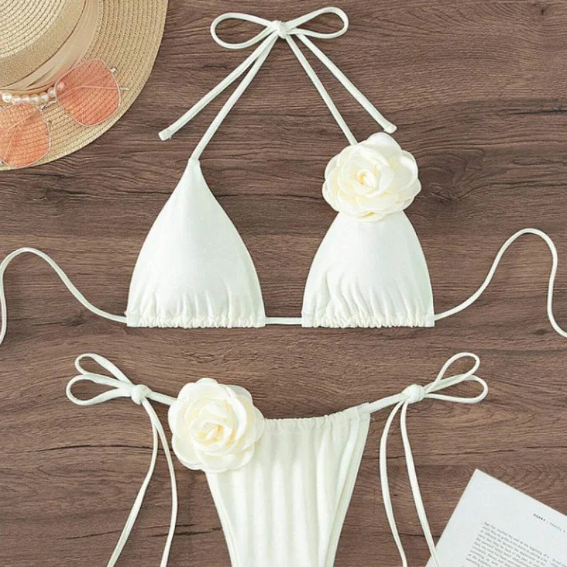 Sexy 3D Flowers Halter Strappy Bikini Women Swimwear Female Swimsuit Two-Pieces Bikini Set Bather Bathing Suit Swim