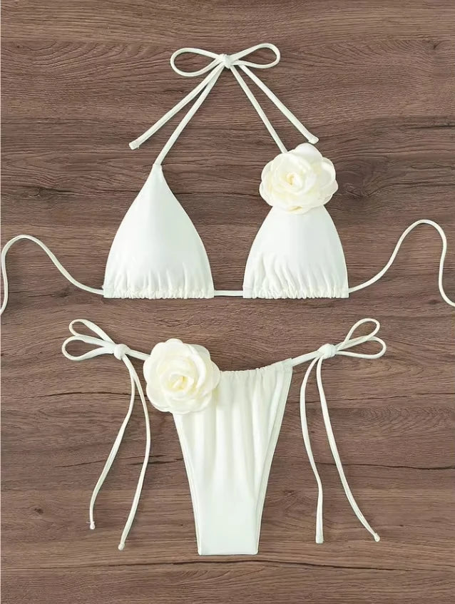 Sexy 3D Flowers Halter Strappy Bikini Women Swimwear Female Swimsuit Two-Pieces Bikini Set Bather Bathing Suit Swim