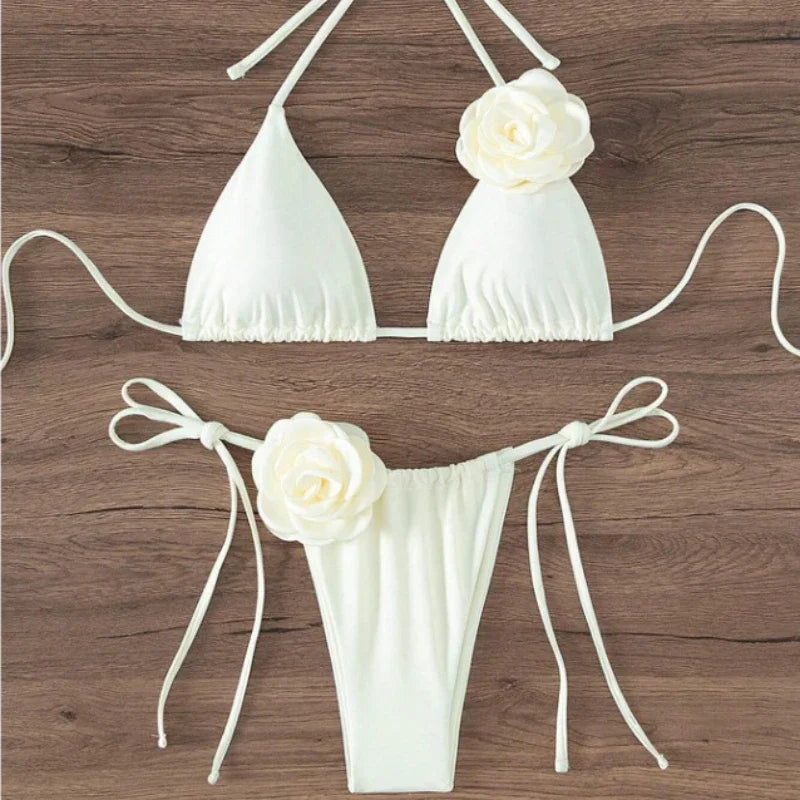 Sexy 3D Flowers Halter Strappy Bikini Women Swimwear Female Swimsuit Two-Pieces Bikini Set Bather Bathing Suit Swim
