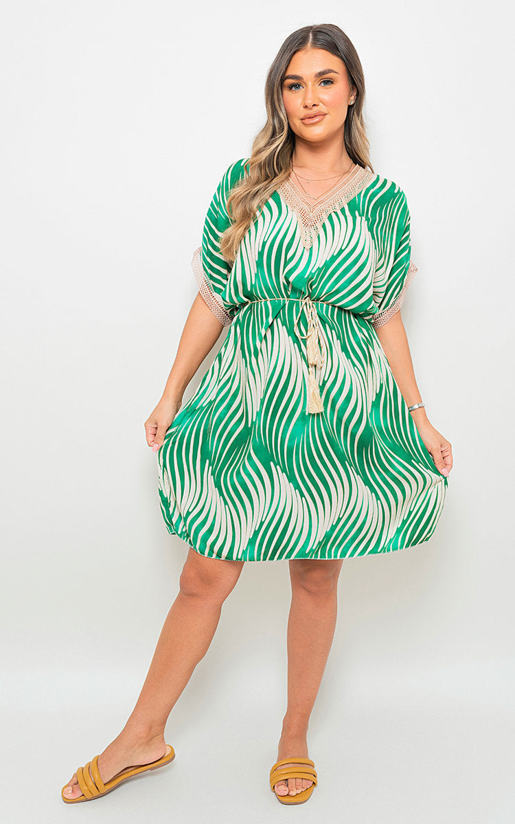 Belted Lace Panel Printed Mini Dress-8