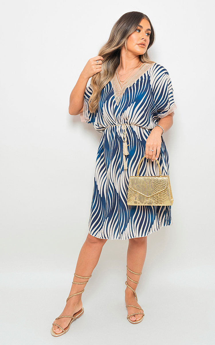 Belted Lace Panel Printed Mini Dress-6