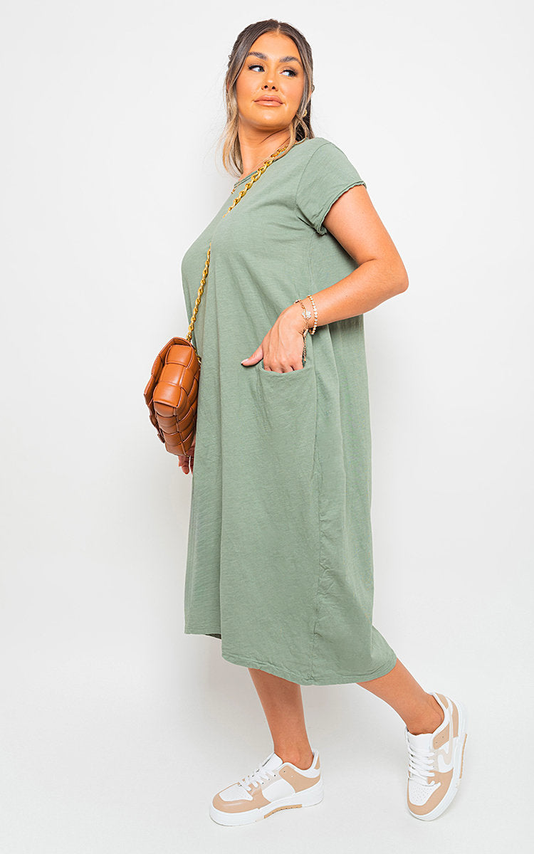 Front Pockets Short Sleeve Midi Dress-10