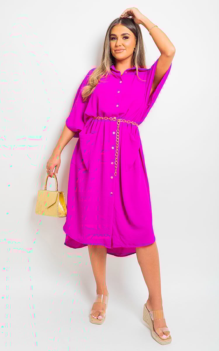 Button Down Collared Midi Dress with Two Front Pockets-11